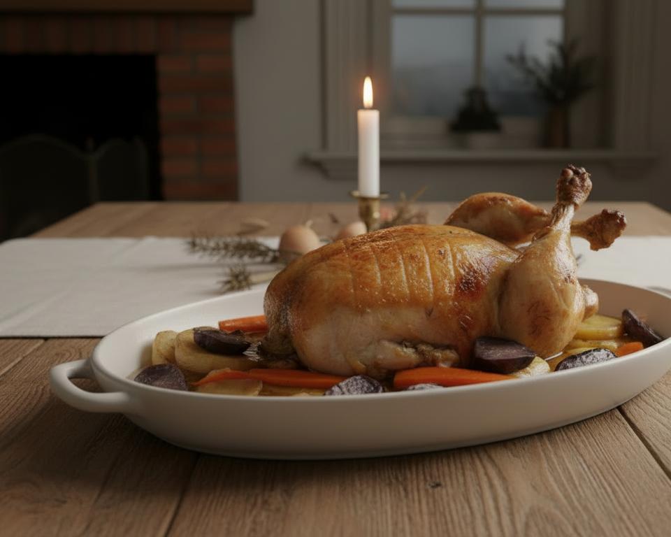 Pollo relleno cocinado (peso final aprox. 2,45–2,8 kg)